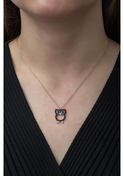 925 Ayar Siyah Taşlı Baykuş Kolye Kadın Gümüş Kolye