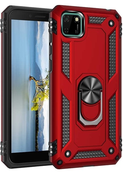 Huawei Y5P Kılıf Tank Koruma Vega Standlı Yüzüklü Mıknatıslı Kırmızı