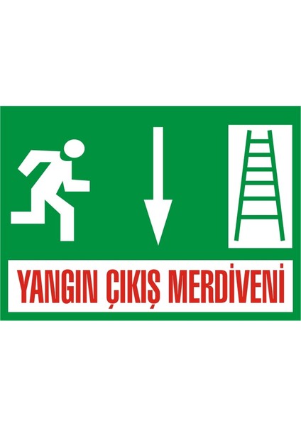 Yangın Acil Çıkış Merdiveni Aşağı Galvaniz Uyarı Levhası 17,5 x 25 cm