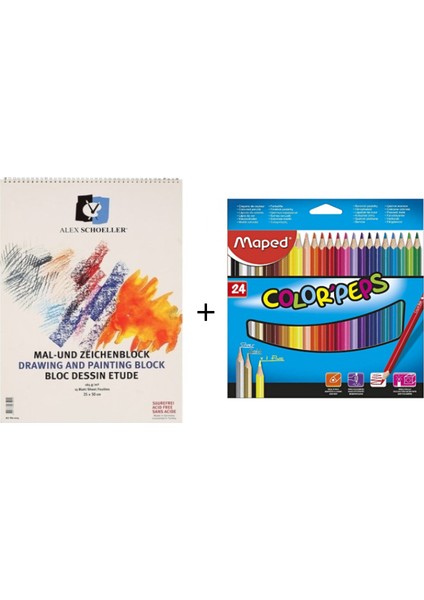 Resim Defteri 25 x 35 cm 165 gr Spiralli + Maped Colorpeps 24 Renk Kuru Boya