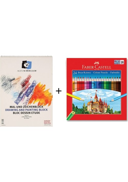 Resim Defteri 25 x 35 cm 165 gr Spiralli + Faber-Castell 24 Renk Kuru Boya