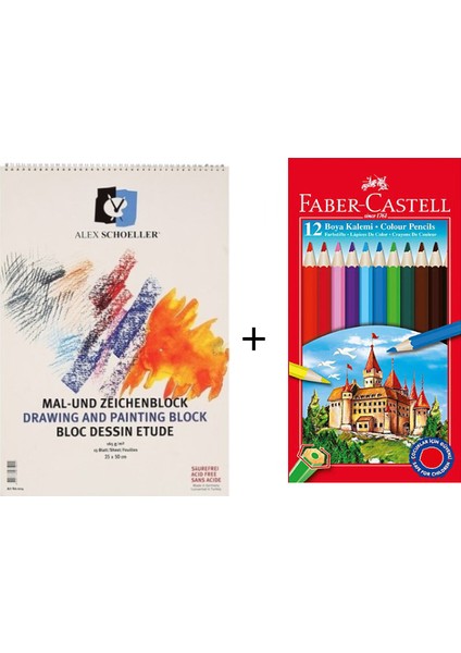 Resim Defteri 25 x 35 cm 165 gr Spiralli + Faber-Castell 12 Renk Kuru Boya