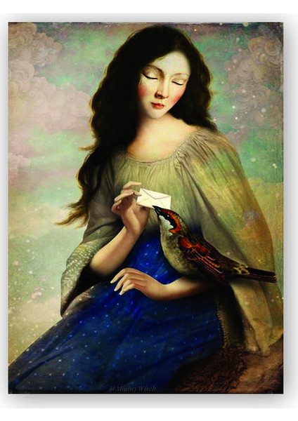 Ahşap Tablo Mektupçu Kuş Kadın