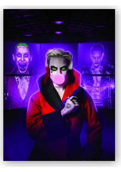 Ahşap Tablo Harley Quinn Joker Love Neon
