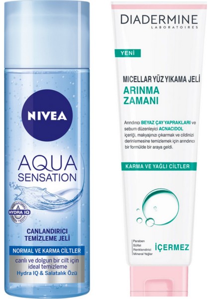 Aqua Sensation Canlandırıcı Temizleme Jeli 200 ml ve Diadermine Arınma Zamanı Yüz Yıkama Jeli 150ML