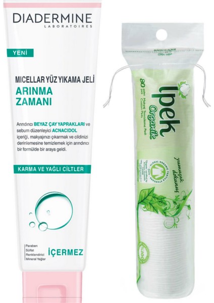 Arınma Zamanı Micellar Yüz Yıkama Jeli 150 ml ve Ipek Organik Disk Makyaj Pamuğu 80LI
