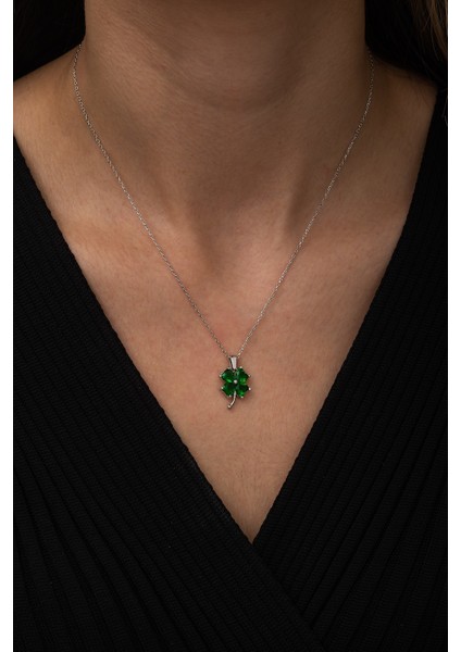 925 Ayar Yeşil Taşlı Yonca Kolye Kadın Gümüş Kolye