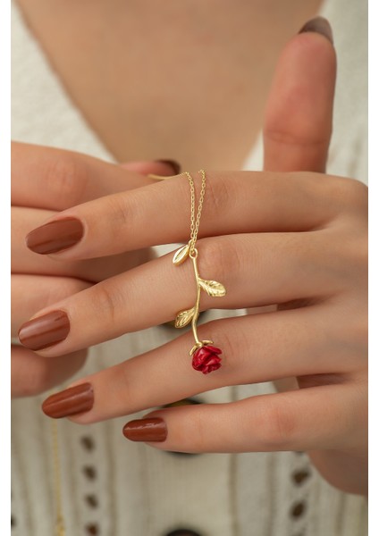925 Ayar Gold Kırmızı Gül Kolye Kadın Gümüş Kolye