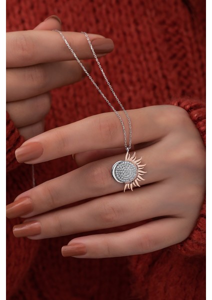 925 Ayar Ay ve Güneş Uyumlu Kolye Kadın Gümüş Kolye