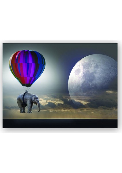 Ahşap Tablo Balon İle Uçan Fil Ay Fantastik