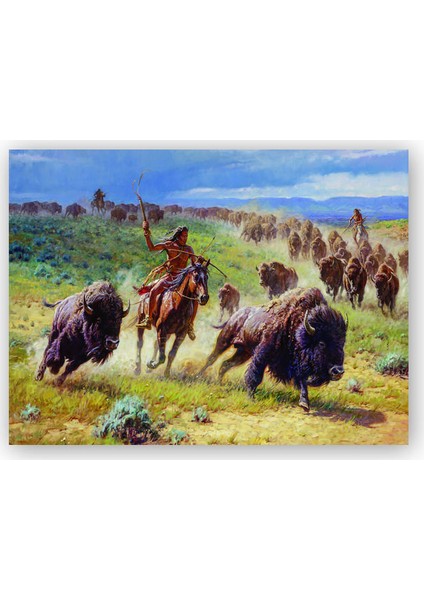 Ahşap Tablo Kızılderililer ve Buffola Avı