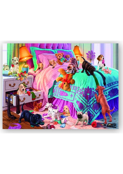 Ahşap Tablo Yatak Odasında Sevimli Yavru Köpekler