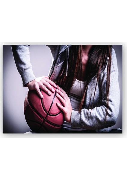 Ahşap Tablo Kadın Elinde Basketbol Topu
