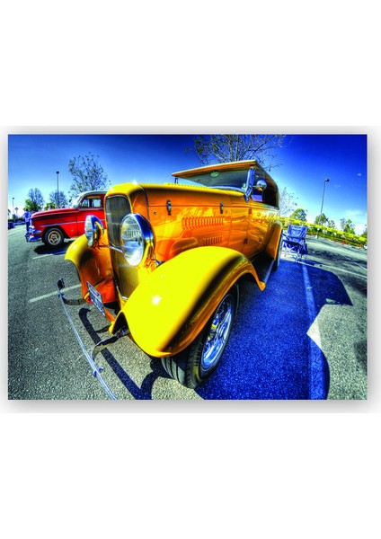 Ahşap Tablo Klasik Sarı Otomobil Görseli