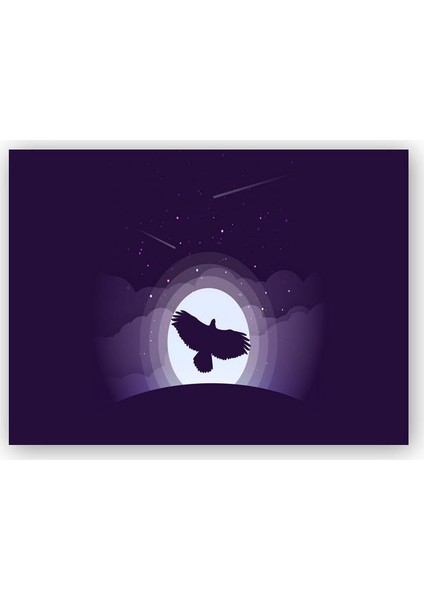 Ahşap Tablo Dolunay Mor Gökler ve Kartal