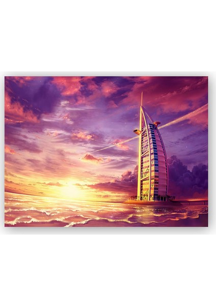 Ahşap Tablo Dubai Burj Al Arab Günbatımı ve Mor Gökler