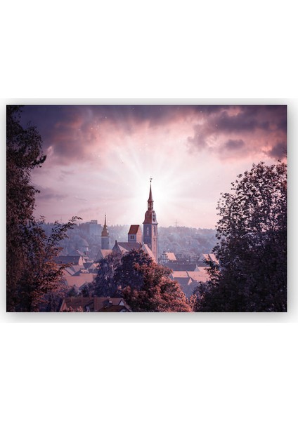 Ahşap Tablo Gökyüzü Güneş Işınları ve Kilise