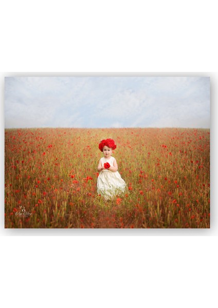 Ahşap Tablo Kırmızı Gelincikler ve Küçük Kız