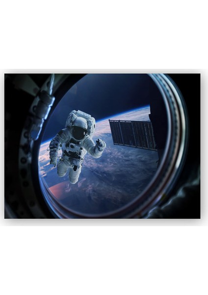 Ahşap Tablo Mekik Penceresinden Astronot ve Dünya