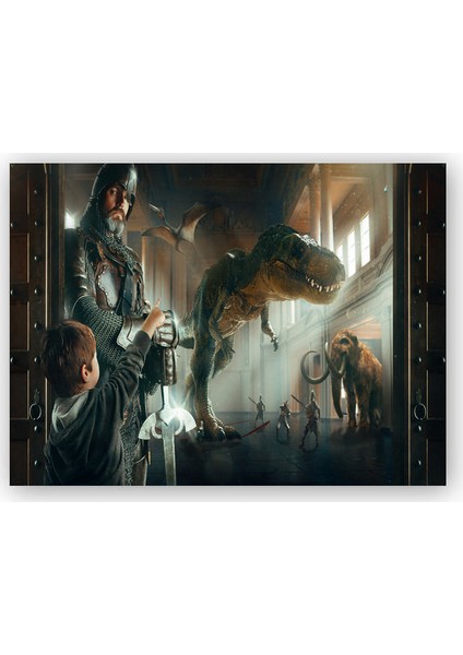 Ahşap Tablo Müzede Bir Gece Çocuk, Şövalye, Dinozor ve Mamut