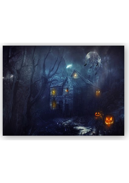 Ahşap Tablo Ürkütücü Ev, Dolunay, Yarasalar ve Balkabakları