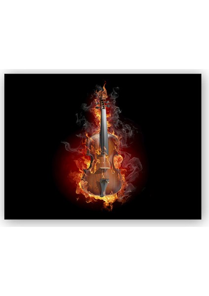 Ahşap Tablo Alevler İçindeki Violin