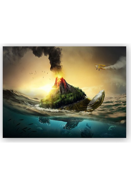 Ahşap Tablo Kaplumbağa Sırtındaki Volkanik Ada İllüstrasyon