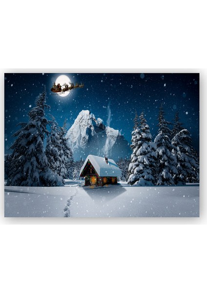 Ahşap Tablo Kulübe Karlı Dağ Geyikler ve Noel Baba
