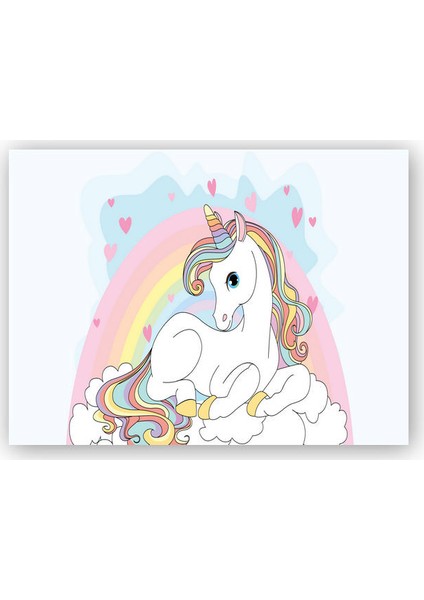 Ahşap Tablo Unicorn Bulutlar ve Kalpler