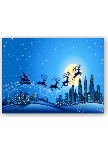 Ahşap Tablo Noel Baba, Geyikler ve Şehir Manzarası