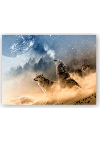 Ahşap Tablo Kurtlar Orman ve Yıldızlar