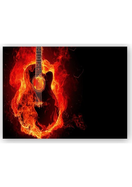 Ahşap Tablo Akustik Gitar Alevler İçinde Karanlık Arkaplan
