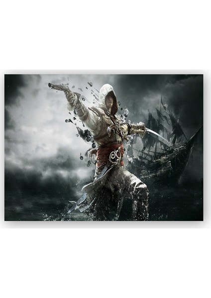 Ahşap Tablo Assassins Creed Suikastçi Korsan Gemisi ve Revolver