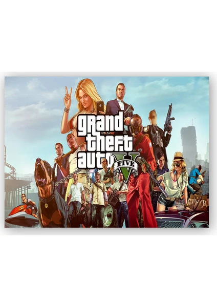 Caka Tablo   Ahşap Tablo GTA 5 Oyun Posteri Tüm Karakterler