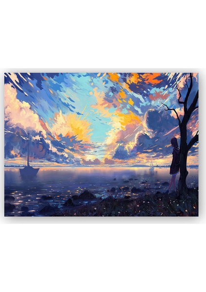 Ahşap Tablo Günbatımı Deniz Yelkenliler Kız ve Alacalı Gökyüzü