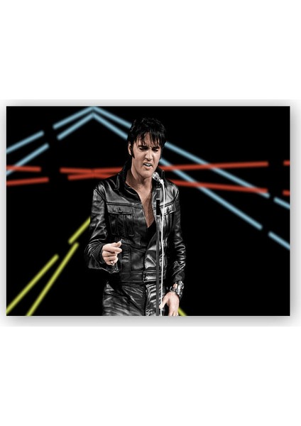 Ahşap Tablo Elvis Presley Sahnede Siyah Deri Kıyafetli