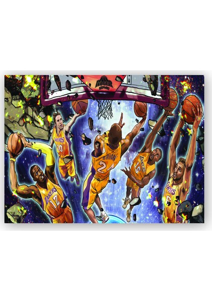 Ahşap Tablo Los Angeles Lakers Beşli Smaç Potaaltı Çizim