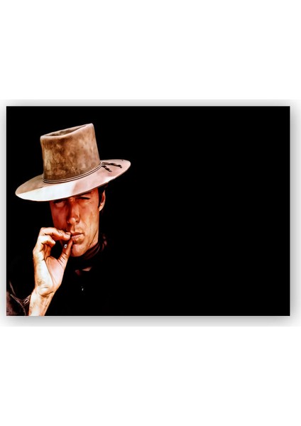 Ahşap Tablo Clint Eastwood Karanlık Arkaplan Şapkalı Sigaralı