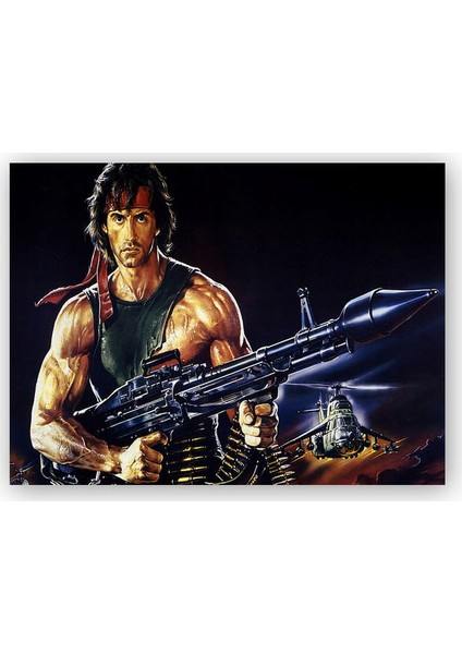 Ahşap Tablo Rambo Sylvester Stallone Roketatar Karanlık Arkaplan