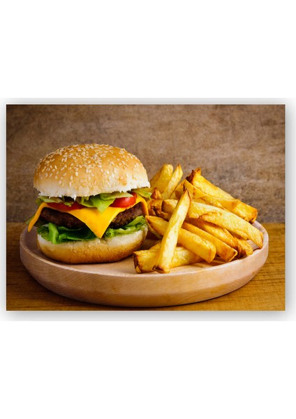Ahşap Tablo Hamburger ve Patates Kızartması