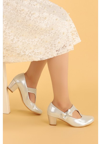 Kiko 755 Vakko Günlük Kız Çocuk 4 cm Topuk Babet Ayakkabı Gümüş