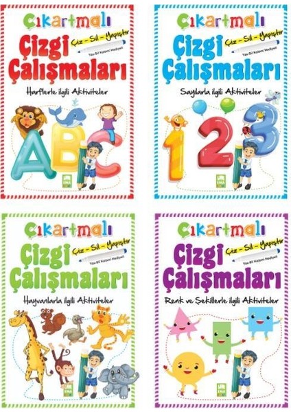 Çıkartmalı Çizgi Çalışmaları Seti 4 Kitap Çiz Sil Yapıştır