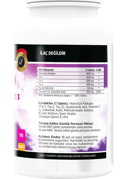 Collagen Tip-1 Tip-2 Tip-3 Hyoluronic Asit Vitamin C 90 Tablet x 2 Kutu 180 Tablet
