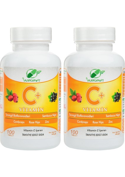 Vitamin C 1000 Mg C Vitamini Kuşburnu Kara Mürver Çinko Kordiseps Turunçgil 2 Adet 100 Tablet