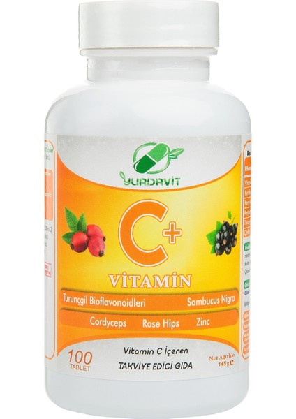 Vitamin C 1000 Mg C Vitamini Kuşburnu Kara Mürver Çinko Kordiseps Turunçgil 2 Adet 100 Tablet