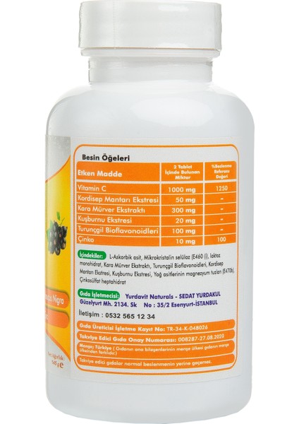 Vitamin C 1000 Mg C Vitamini Kuşburnu Kara Mürver Çinko Kordiseps Turunçgil 2 Adet 100 Tablet