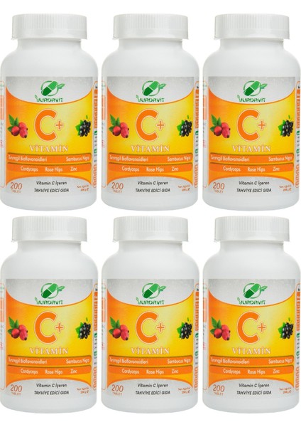 Vitamin C 1000 Mg C Vitamini Kuşburnu Kara Mürver Çinko Kordiseps Turunçgil 6 Adet 200 Tablet