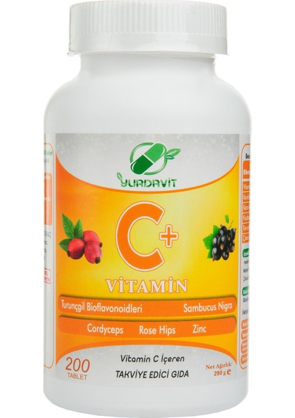 Vitamin C 1000 Mg C Vitamini Kuşburnu Kara Mürver Çinko Kordiseps Turunçgil 4 Adet 200 Tablet