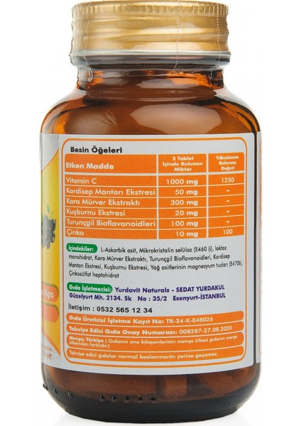 Vitamin C 1000 Mg 50 Tablet C Vitamini Kuşburnu Kara Mürver Çinko Kordiseps Turunçgil