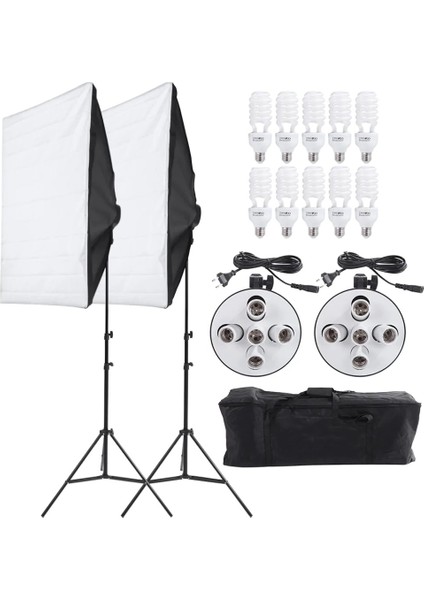 60X80Cm 5 Duylu Softbox Sürekli Işık İkili Set 2M Işık Ayak Stand